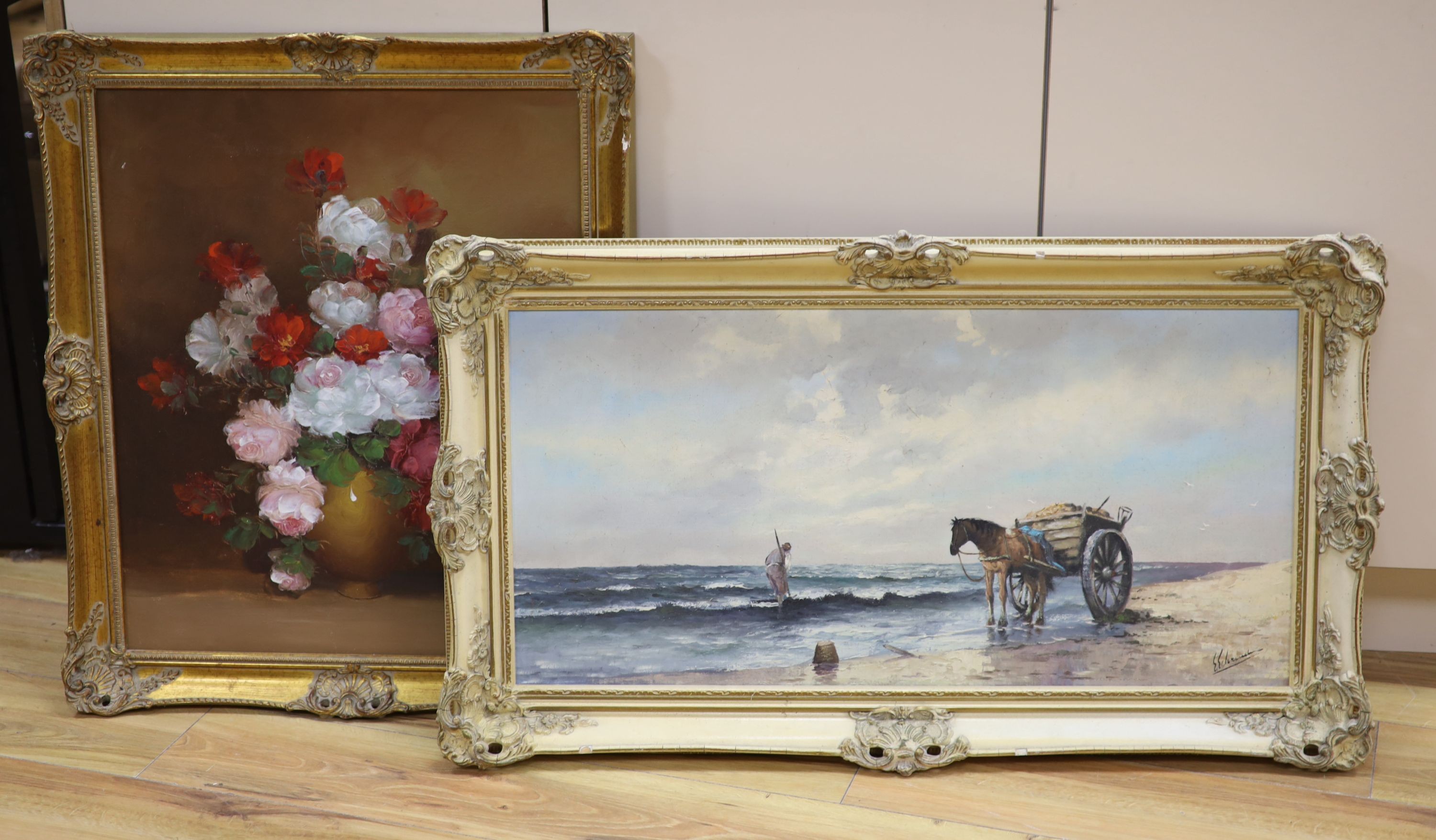 Continental School, oil on canvas, Seaweed gatherer on the shore, indistinctly signed, 38 x 78cm, together with an oil still life of flowers, 60 x 50cm